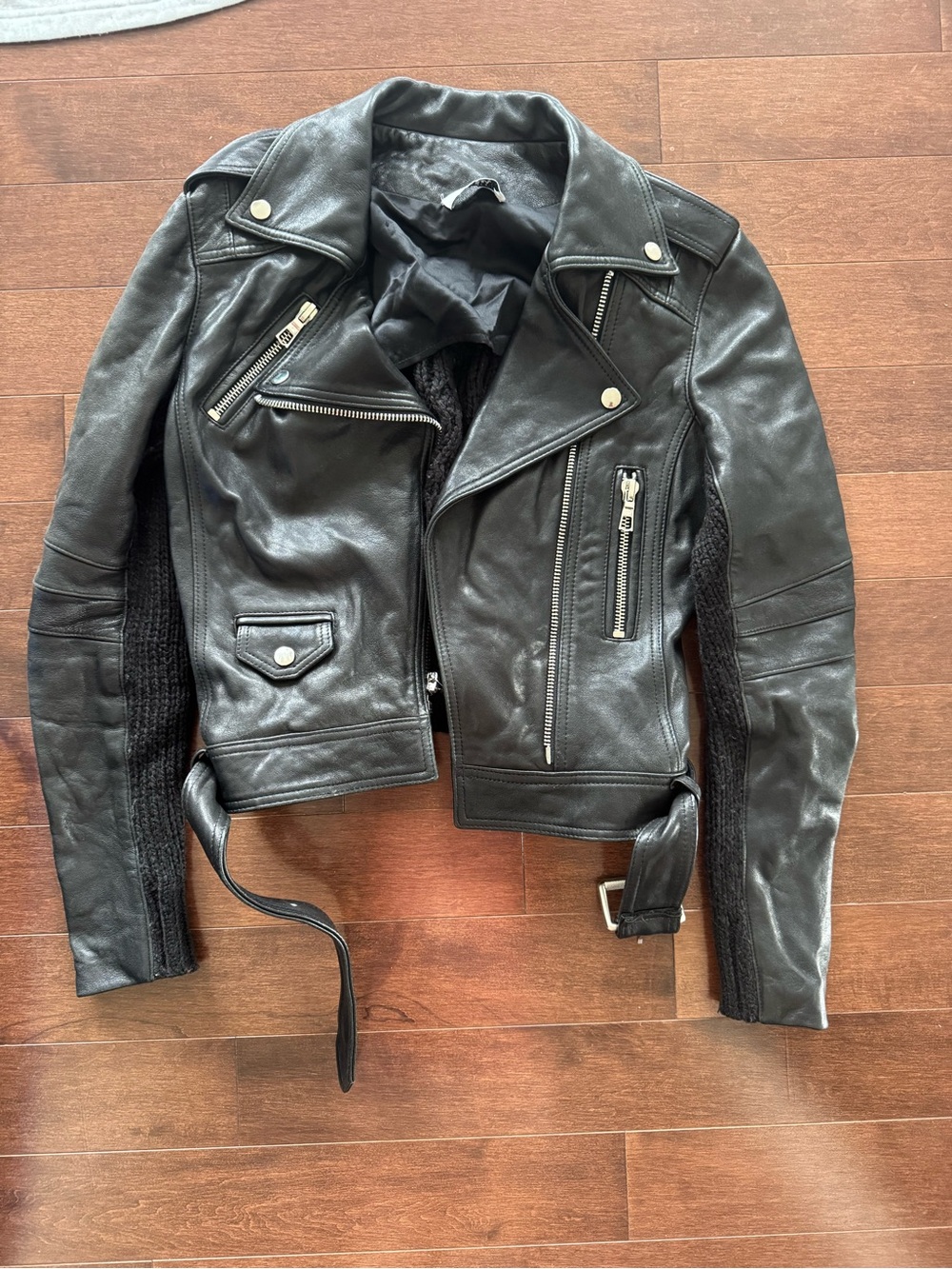 Parker Black Leather Bomber-Style Motorcycle Jacket with a Black Knitted Back